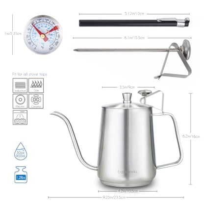 Easyworkz Gooseneck Pour Over Coffee Kettle 30 fl oz with Thermometer Stainless Steel Hand Drip Coffee Pot With Long Narrow Spout,Suitable for Induction Cookers - color: Silver