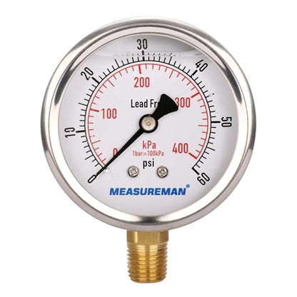 MEASUREMAN Lead-Free Pressure Gauge, 2-1/2inch Dial, Glycerin Filled, 0-60psi/kpa, Stainless Steel Case, 1/4inchNPT Lower Mount - size: 0-60 psi, style: Lower Mount(Lead-Free)