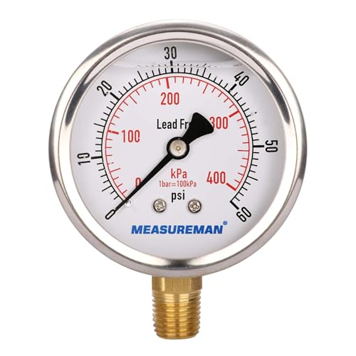MEASUREMAN Lead-Free Pressure Gauge, 2-1/2inch Dial, Glycerin Filled, 0-60psi/kpa, Stainless Steel Case, 1/4inchNPT Lower Mount - size: 0-60 psi, style: Lower Mount(Lead-Free)