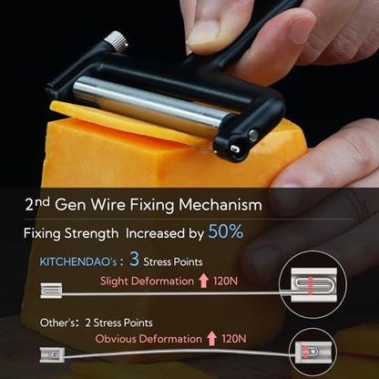 KITCHENDAO Replaceable Wire Cheese Slicer,50% Stronger Wires with 2nd Gen Wire Fixing Mechanism, Tightness Adjustable Aluminum Cheese Cutter, Easy Replacement, 2 Extra Wires - color: Black