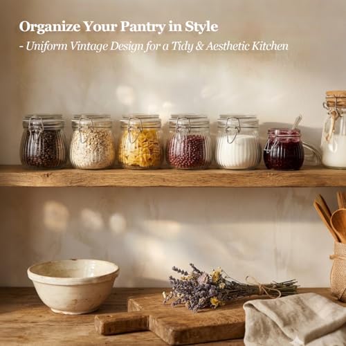ComSaf 6-Pack 17oz Ribbed Glass Storage Jars with Airtight Clamp Lids, Decorative Wide Mouth Pint Canisters for Jam, Spices, Nuts, Coffee Beans, Snacks, Honey - Kitchen Pantry and Drawer Organization - size: 17oz*6-Ribbed