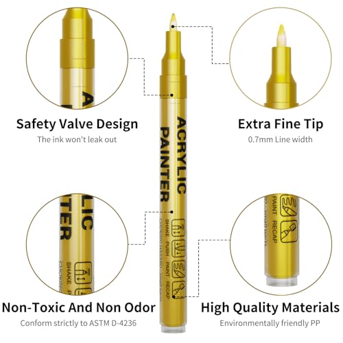 Acrylic Paint Pens Waterproof Markers 2 Gold Permanent Marker Pens Acrylic Pens for Rock Painting Glass Stone Ceramic Metal Fabric Pebble Painting pens Craft Supplies - color: Gold