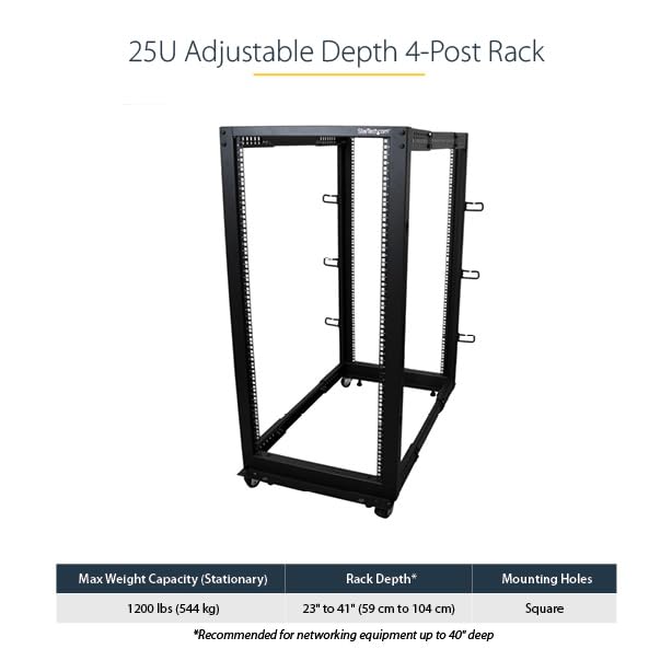 StarTech 25U 4-Post Server Rack, 19in Open Frame Rack with 40in (101cm) Mounting Depth and 1200lb (544kg) Weight Capacity, Mobile or Floor Mount IT Rack - size: 25U