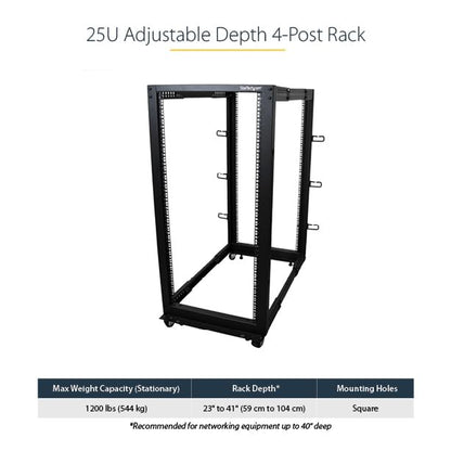 StarTech 25U 4-Post Server Rack, 19in Open Frame Rack with 40in (101cm) Mounting Depth and 1200lb (544kg) Weight Capacity, Mobile or Floor Mount IT Rack - size: 25U