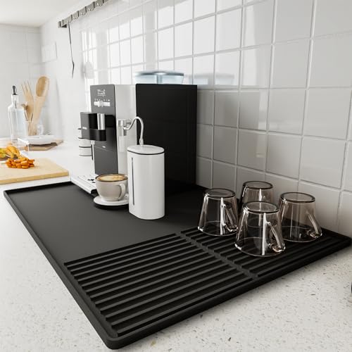Silicone Coffee Mat with Raised Edges, 20'' X 12'', Bar Mat for Countertops, Accessories Fit Under Coffee Maker Espresso Machine, Dish Drying Mat (BLACK) - color: Black, size: 11.8" x 19.7"