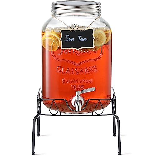 2 Gallon Glass Beverage Dispenser with Stand and Lid, 18/8 Stainless Steel Spigot - Glass Drink Dispensers for Parties - Mason Jar Drink Dispensers with Lids - size: 2 Gallon With Stand