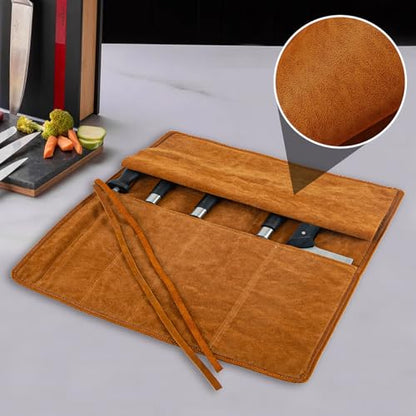 Knife Roll Bag Genuine Leather,Chefs Professional 5 Knives and Cookware,Perfect for The Traveling Chef,Travel Tool Roll Pouch,No Tools Included - color: 5 Slots brown