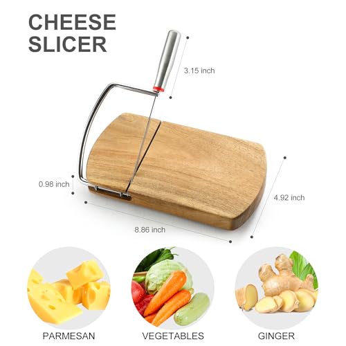 Wooden Cheese Slicer, Cheese Cutter Board with Stainless Steel Blade for Block Cheese, Vegetables, Butter, Sausages, Bread