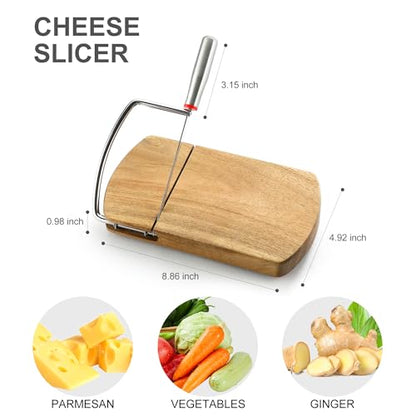 Wooden Cheese Slicer, Cheese Cutter Board with Stainless Steel Blade for Block Cheese, Vegetables, Butter, Sausages, Bread