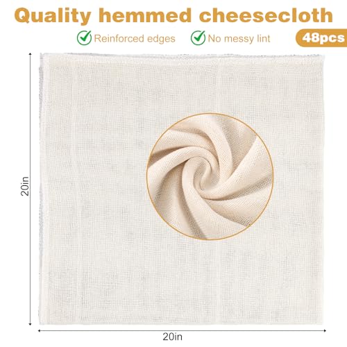 48 Pcs 20 x 20 Inches Cheese Cloths Bulk, Grade 100 Hemmed Cheesecloth for Straining, Unbleached Cotton Muslin Cloth Reusable for Cooking Baking Juicing Cheese Making