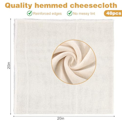 48 Pcs 20 x 20 Inches Cheese Cloths Bulk, Grade 100 Hemmed Cheesecloth for Straining, Unbleached Cotton Muslin Cloth Reusable for Cooking Baking Juicing Cheese Making