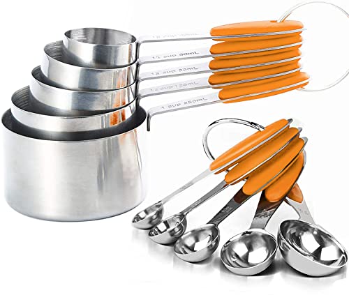 SEEK42 Measuring Spoons and Cups Set of 10 Pieces, Stainless Steel Measuring Utensils with BPA-Free Silicone Grips,Metal Scale Tools for Kitchen Cooking Baking, Dishwasher-Safe (Orange)