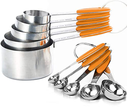 SEEK42 Measuring Spoons and Cups Set of 10 Pieces, Stainless Steel Measuring Utensils with BPA-Free Silicone Grips,Metal Scale Tools for Kitchen Cooking Baking, Dishwasher-Safe (Orange)