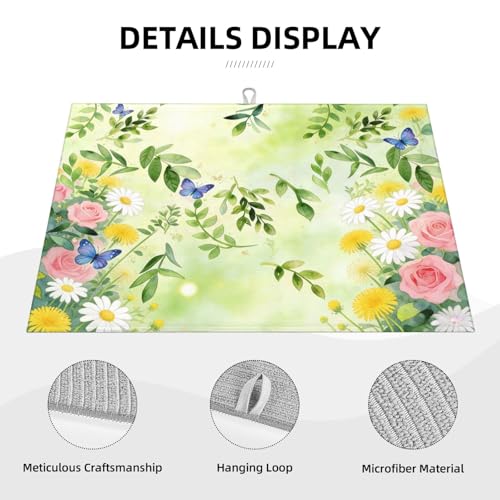 Kitchen Drying Mat for Countertop Fresh Botanical Floral Butterfly Garden Non-Slip Kitchen Counter Mat for Dishes Glassware - color: Light Green