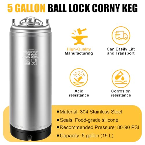 New 5 Gallon Corny Keg- Food Grade Stainless Steel Cornelius Keg with Ball Lock Quick Disconnect Set & Extra Lid Gaskets, Home Brew Beer Keg Equipment for Carbonating & Serving