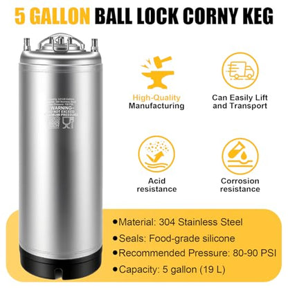 New 5 Gallon Corny Keg- Food Grade Stainless Steel Cornelius Keg with Ball Lock Quick Disconnect Set & Extra Lid Gaskets, Home Brew Beer Keg Equipment for Carbonating & Serving