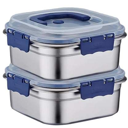 Stainless Steel Food Storage Containers, 2PCS 1.8L Airtight Marinade Container with Handle & Buckle, Oven Safe for Roasting Brining Meal Prep, Kimchi Use