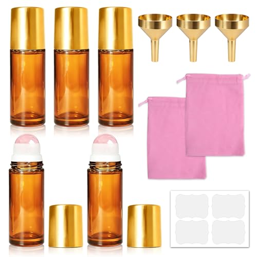Cocurb 5pcs 1oz Rose Quartz Roller Bottles for Essential Oils Perfume Skincare DIY,Refillable Leak-Proof Amber Glass Roll on Bottle Empty Deodorant Containers with Gold Cap&Storage Bags - color: Amber, size: 5 Pack