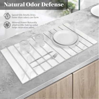 2 PCS Extra Large Stone Dish Drying Mats for Kitchen Counter, 28"(L)×16"(W) Dish Drying Mat with 8"x 4" Coasters, Eco-Friendly Diatomite Dish Drying Mat - Fits All Countertops - White Marble - color: White Marble, size: 28" x 16"