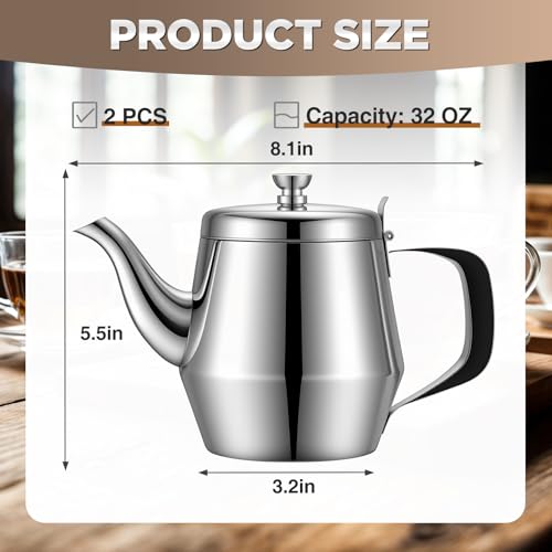 Yungyan 2 Pack Stainless Steel Teapot 32 oz Silver Small Metal Gooseneck Tea Pot Water Kettle for Stove Restaurant Home