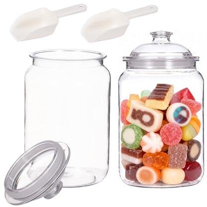 2 Pcs Plastic Candy Jars with Lids, 1 Gallon Large Food Storage Container with Airtight Seal and Wide Mouth, Clear PET Cookie Jar with Scoop for Kitchen, Pantry, 5.9 x 10.8 In