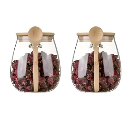 Airtight glass jar storage container with bamboo lid Set of 2, wide mouth, leak-proof, With a spoon, can be used for coffee beans, tea leaves, grains, dried fruits, etc (Middle) - color: Middle