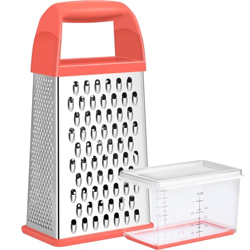 Urbanstrive Cheese Grater With Container, Professional Cheese Grater with Handle, Stainless Steel Graters for Kitchen Handheld, Box Grater with 4 Sides for Vegetables, Ginger, Potatoes (Coral) - color: Coral
