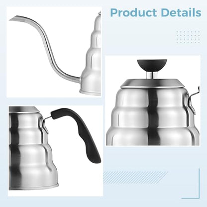 40.6 US fl oz Stainless Steel Goose Neck Coffee Kettle, 1.2 L Pour Over Coffee Maker, Leak Reducing Design, Precise Flow Control, Black Resin Handle, Detachable Thermometer