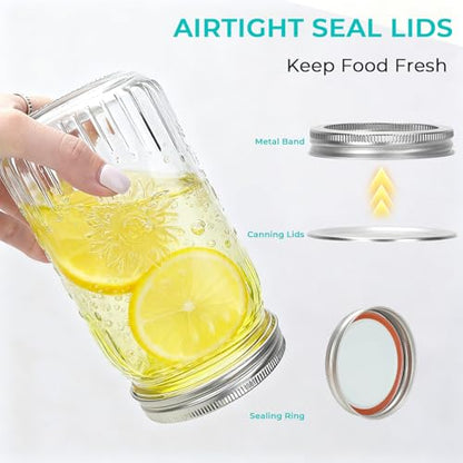 CycleMore 6 Pack 32oz Glass Mason Jars with Silver Two-Piece Lids - Wide Mouth Jars, 1 Quart Canning Jars With Sunflower Print for Preserving, Decor & Storage - size: SunFlower - 32oz - 6 Pack