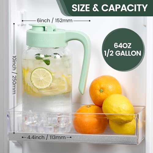 Mason Jar Pitcher - Airtight & Leakproof Glass Pitcher with Lid, Perfect for Breastmilk, Cold Brew, and Sun Tea, 2 Quart (64 oz) Mason Jar with Pour Spout Lid - color: Green