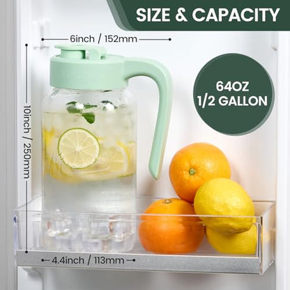 Mason Jar Pitcher - Airtight & Leakproof Glass Pitcher with Lid, Perfect for Breastmilk, Cold Brew, and Sun Tea, 2 Quart (64 oz) Mason Jar with Pour Spout Lid - color: Green