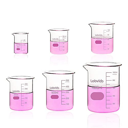 Upgrated 6 Size Low Form Glass Beaker Set, 25ml 50ml 100ml 250ml 500ml 1000ml, 3.3 Boro Glass beakers with Printed Graduation, LVA019 - style: 6 Sizes: 25/50/100/250/500/1000ml