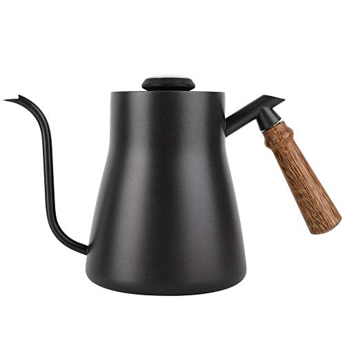 Fdit Coffee Kettle with Thermometer, 850ml Stainless Steel Drip Kettle, Wooden Handle, PTFE Coating, Black