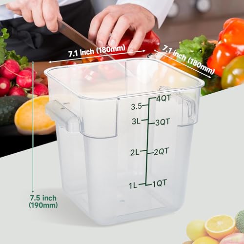 4 Pack 4 Qt Square Polycarbonate Food Storage Containers with Lids | Clear BPA-free PC with lids, side handles, measurement scale and stackable design; for food prep, storage and freezer use. - color: 4Qt