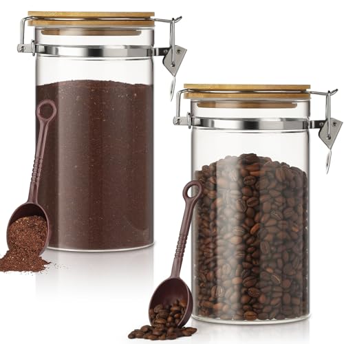 VZZNN 2 Pack 40.5oz Coffee Bean Storage Container with Airtight Bamboo Lids Glass Airtight Coffee Canister with Scoop Storage Container for Grounds Tea Cereal Sugar