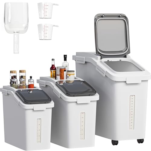 YITAHOME Ingredient Storage Bin, 20.6 Gallons(11.4+5.8+3.4 Gal) Capacity Shelf Bin,500 Cups Flour Bins with Wheels Commercial Shelf-storage Ingredient Bin with Scoop and Lid,Rice Bin for Kitchen,White - color: White with Black Clear Lid, size: 3-PIECE (20