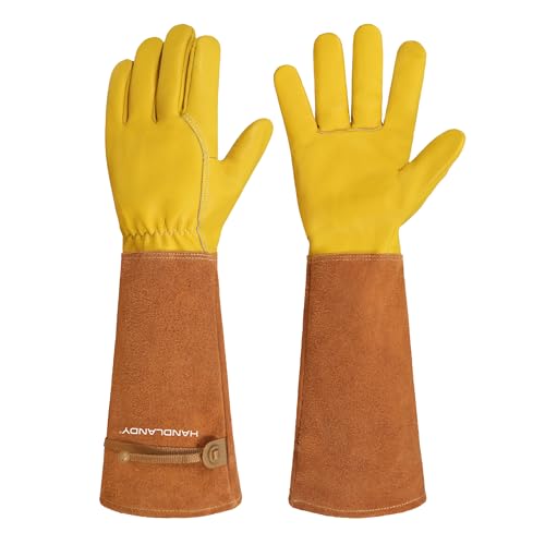 HANDLANDY Long Gardening Gloves for Men & Women, Cowhide Leather Rose Pruning Gloves, Breathable Thorn Proof Gauntlet Glove (Rust Brown, S) - color: Rust Brown, size: Small (Pack of 1)