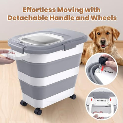 23-25 Lbs Airtight Dog Food Storage Container,Collapsible Dog Food Container with Lid,Wheels,Handle,Large Pet food storage Container with Scoop,Small Food Container for Dog Cat - color: Grey/25 LBS