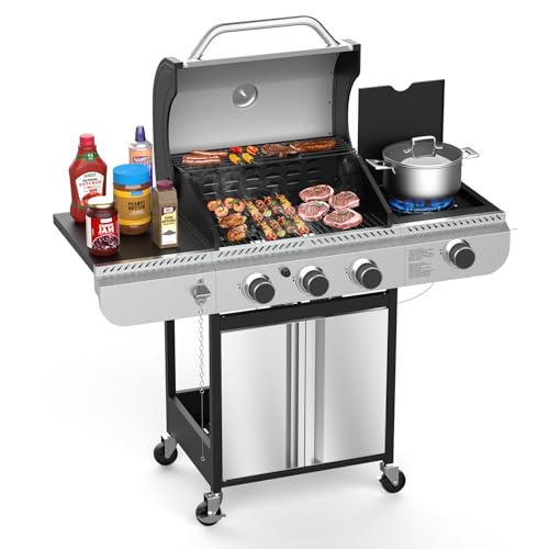 Electactic 3-Burner Propane Gas BBQ Grill with Side Burner,Stainless Steel Grill with Porcelain-Enameled Grates,34000 BTU Barbecue Grill, Suitable for Outdoor Cooking,Camping,Patio Backyard - size: 3 Burner Gas Grills with Side Burner