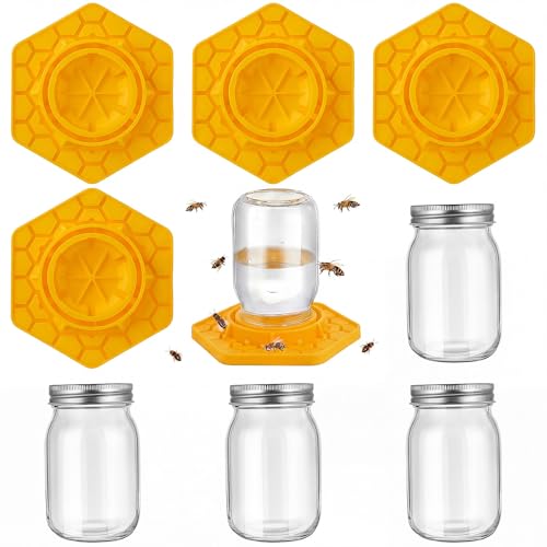 8 Pack Bee Feeder for Mason Jar Bee Watering Station Garden Silicone Sugar Water Feeder Beekeeping Drinking Equipment Tools with Mason Jars for Drinking Water(Ginger Yellow,Hexagon) - color: Ginger Yellow, style: Hexagon