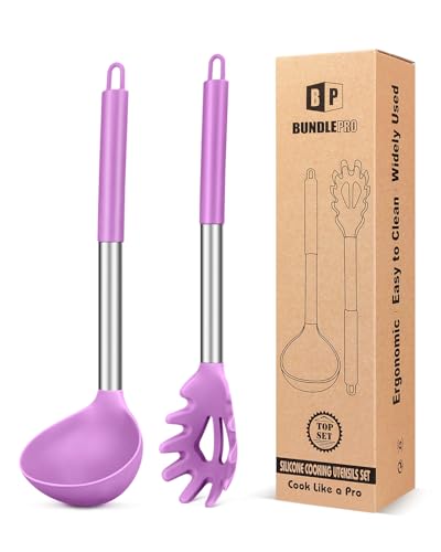 Silicone Pasta Fork and Ladle Spoon Set, Large Non Stick Kitchen Utensils for Cooking,Stirring,Serving Spaghetti, Soup, Sauce (PURPLE) - color: Purple