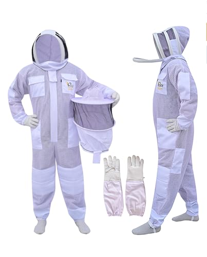 Professional 3 Layer Bee Suit with Fencing and Round Veil Ventilated Sting Proof Beekeeping Protective Suit with One Pair Bee Gloves, 2 Veils (White, 3X-Large) - size: 3X-Large