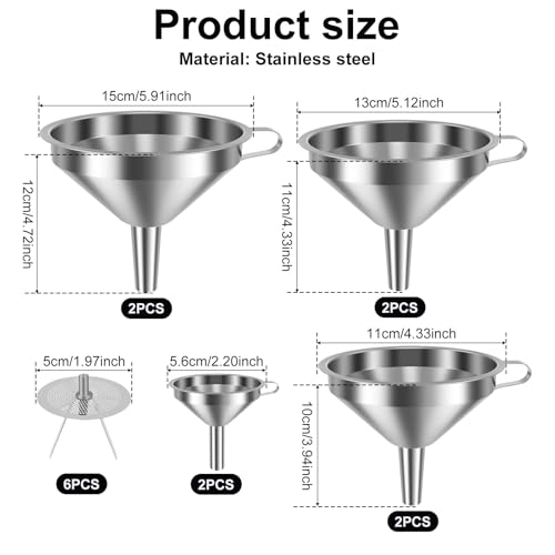 14 Pack Stainless Steel Funnels with 6 Fine Mesh Strainers, 4 Sizes 2.2-5.9 Inches Food Grade 304 Metal Kitchen Funnel Set for Filling Bottles, Oil, Jam, Juice, Wine, Milk, Powder, Canning - color: Silver 14pcs