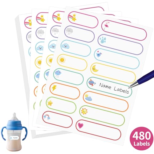 480 Pcs Labels for Kids Stuff Daycare, Waterproof Baby Name Label, Washable Bottle Labels, Reusable Self-Adhesive Tag Stickers for School Essentials, Self-Laminating Write-on (Weather) - style: Weather