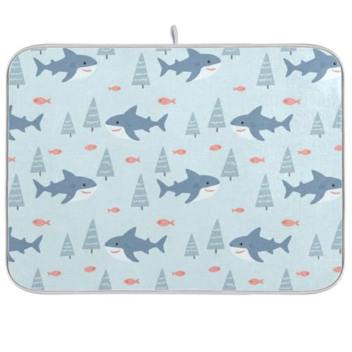 Sharks Fish Tree Blue Dish Drying Mat for Kitchen Counter Super Absorbent Draining Mat with Non-slip Backed Dishwashing Mat for Dish Bottles Cups Bowl Draining Racks Countertops Sinks