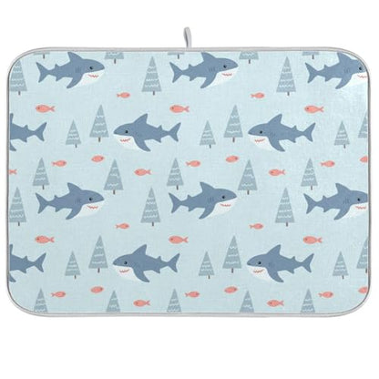 Sharks Fish Tree Blue Dish Drying Mat for Kitchen Counter Super Absorbent Draining Mat with Non-slip Backed Dishwashing Mat for Dish Bottles Cups Bowl Draining Racks Countertops Sinks