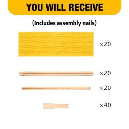 Honey Lake 20 Pack Medium Beehive Frames Kit with Food-Grade Beeswax-Coated Plastic Foundations and Unassembled Durable Wooden Frames (Yellow) - color: 20Pack-Yellow