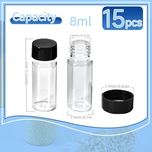 15 PCS 2 Dram Glass Vials, Small Liquid Sample Vial,17x60mm 8ml Borosilicate Glass Empty Vials with Caps, Leak-Proof Vial,15-425 Black Screw Caps with PE Liner - size: 8ML（17x60mm）