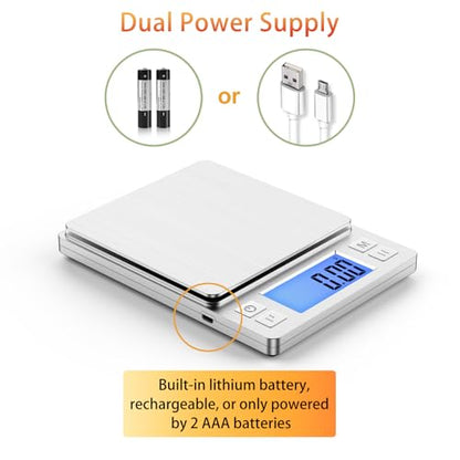 BOMATA 0.01g Small Digital Gram Scale, USB Rechargeable, Upgraded 1kg Jewelry Scale with Larger Display and Hold Function, High Precision, Grams and oz for Herb, Coin, Powder, Gold, Yeast, Kitchen - size: 0.01g/1kg Silver