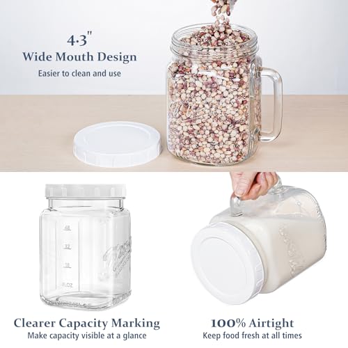 Folinstall 74 oz Wide Mouth Mason Jar w Handle, Airtight Storage Container | Easy-Grip Handle, Scale Marks, Easy Filling & Cleaning, 2 Pcs Jars for Sugar, Flour, Cookie, Pickle, Fruit, and Fridge Drink
